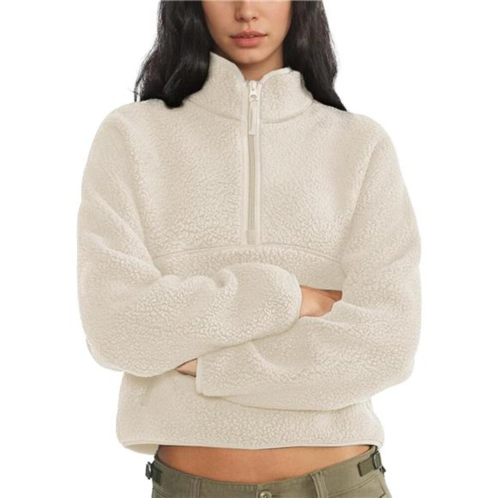 Womens Fleece Sweatshirts Cropped Half Zip Fuzzy Warm Sherpa Pullover